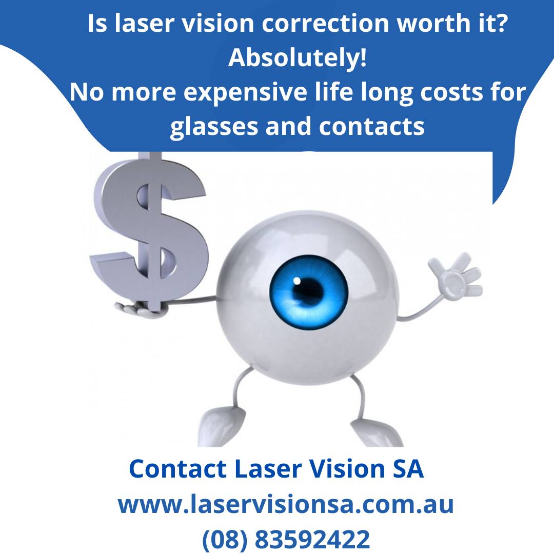 Cartoon blue eye holding a dollar sign, promoting Laser Vision SA and highlighting laser eye surgery cost savings.