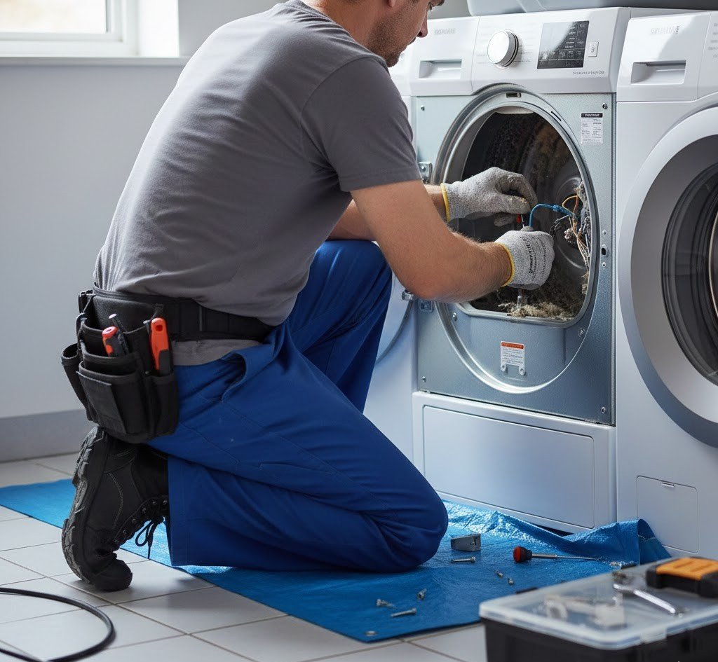 Technician performing dryer and washing machine repairs in Adelaide with warranty service.