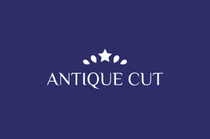 Antiquecut logo in white with a star and leaf design on a dark blue background